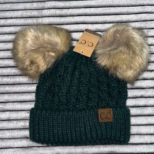 C.C Green and Brown Knit Hat with Faux Fur Pom-Pom